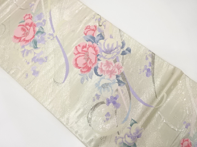 JAPANESE FUKURO OBI / PLATINUM FOIL / WOVEN FLORAL PLANTS